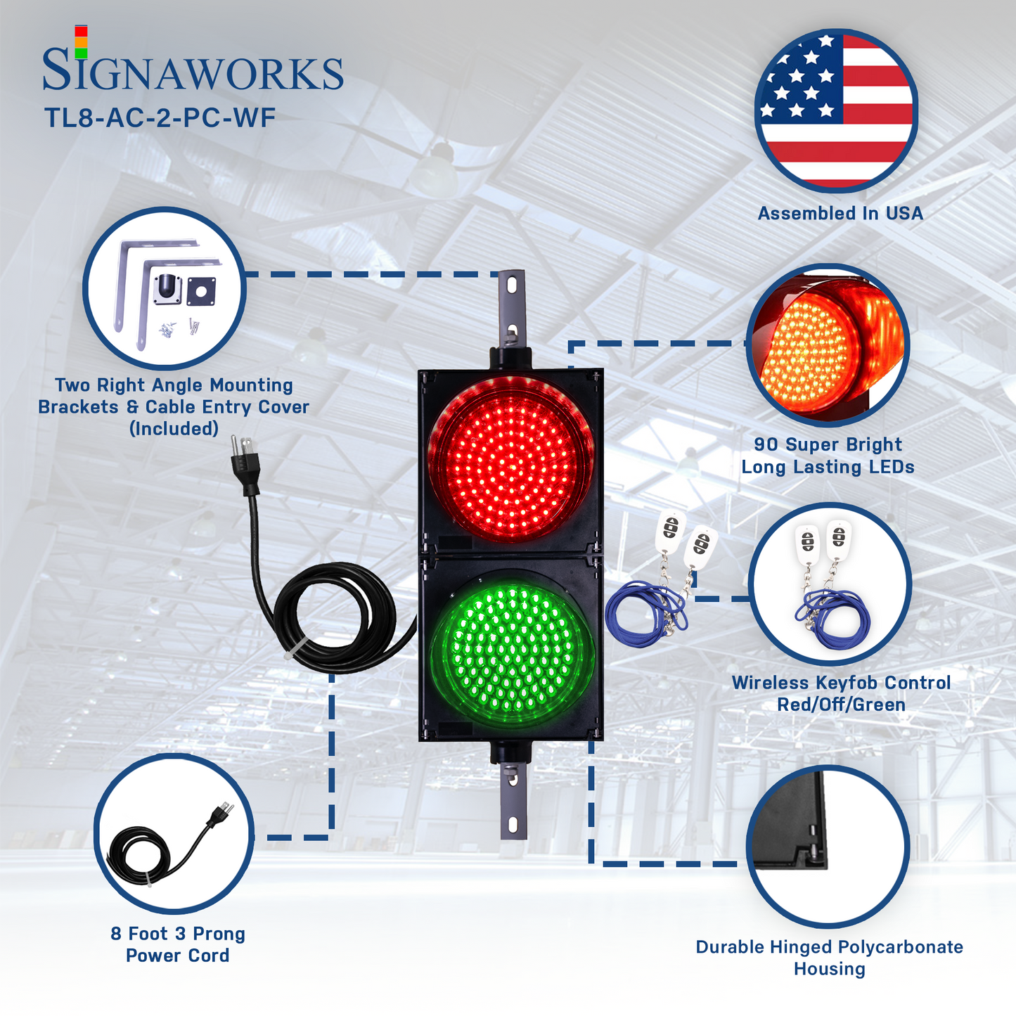 8 Inch Diameter Lens LED Stop & Go Loading Dock Traffic Light, 2 Color, RED/GREEN, Wireless Key Fob, Power Cord (Plug & Play)