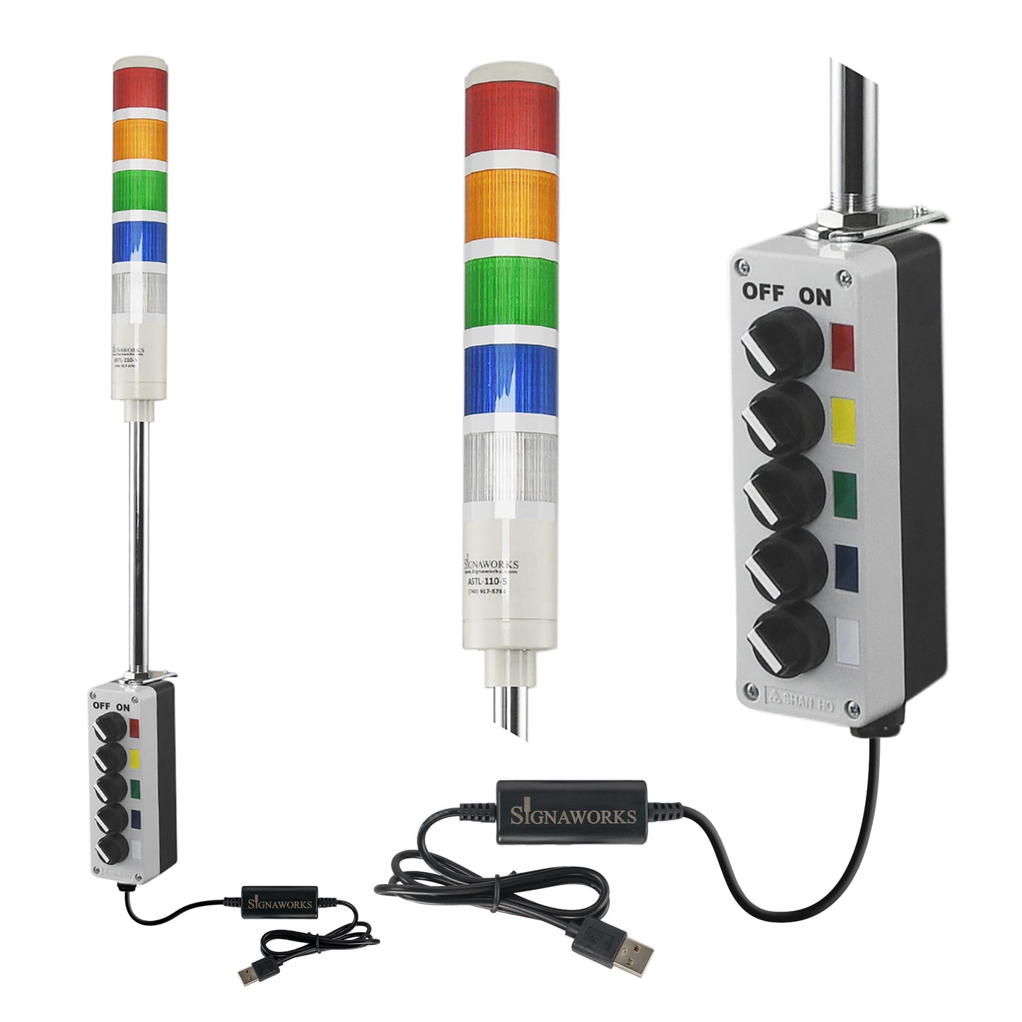 Five-color pole-mounted industrial signal light with 2-position selector switches and USB cable; Red-Amber-Green-Blue-White on a white background.