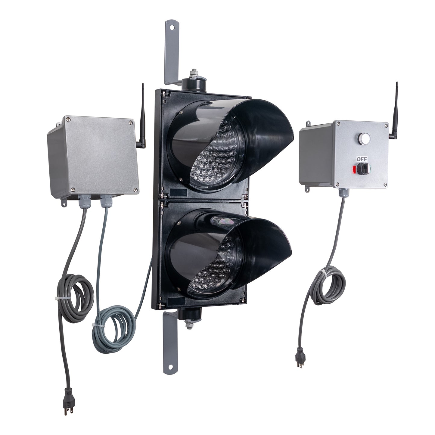 Angled perspective of a wireless traffic light system with LED lights off and accompanying control box transmitter with mirrored pilot light and 2-position switch ton a white background.