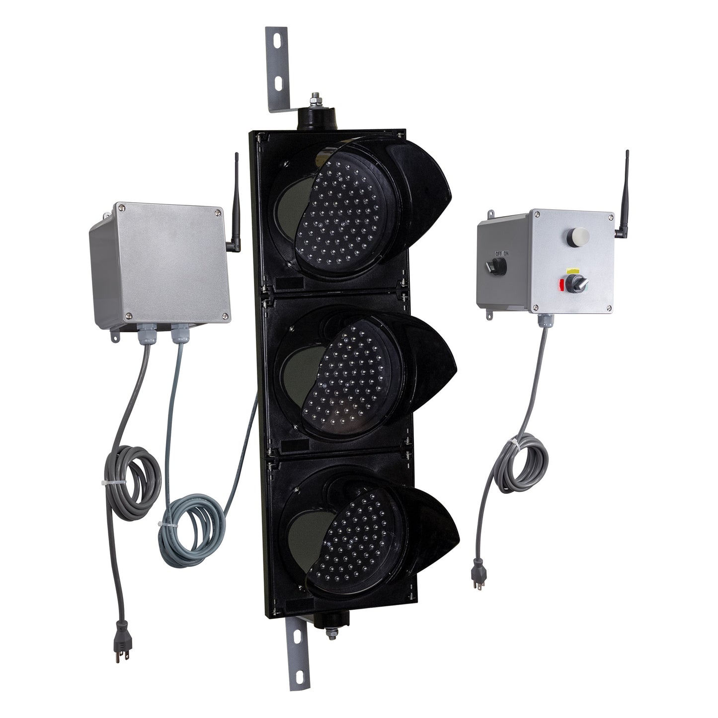 Front perspective of a wireless traffic light system with LED lights off and accompanying control box transmitter with mirrored pilot light and 3-position switch ton a white background.