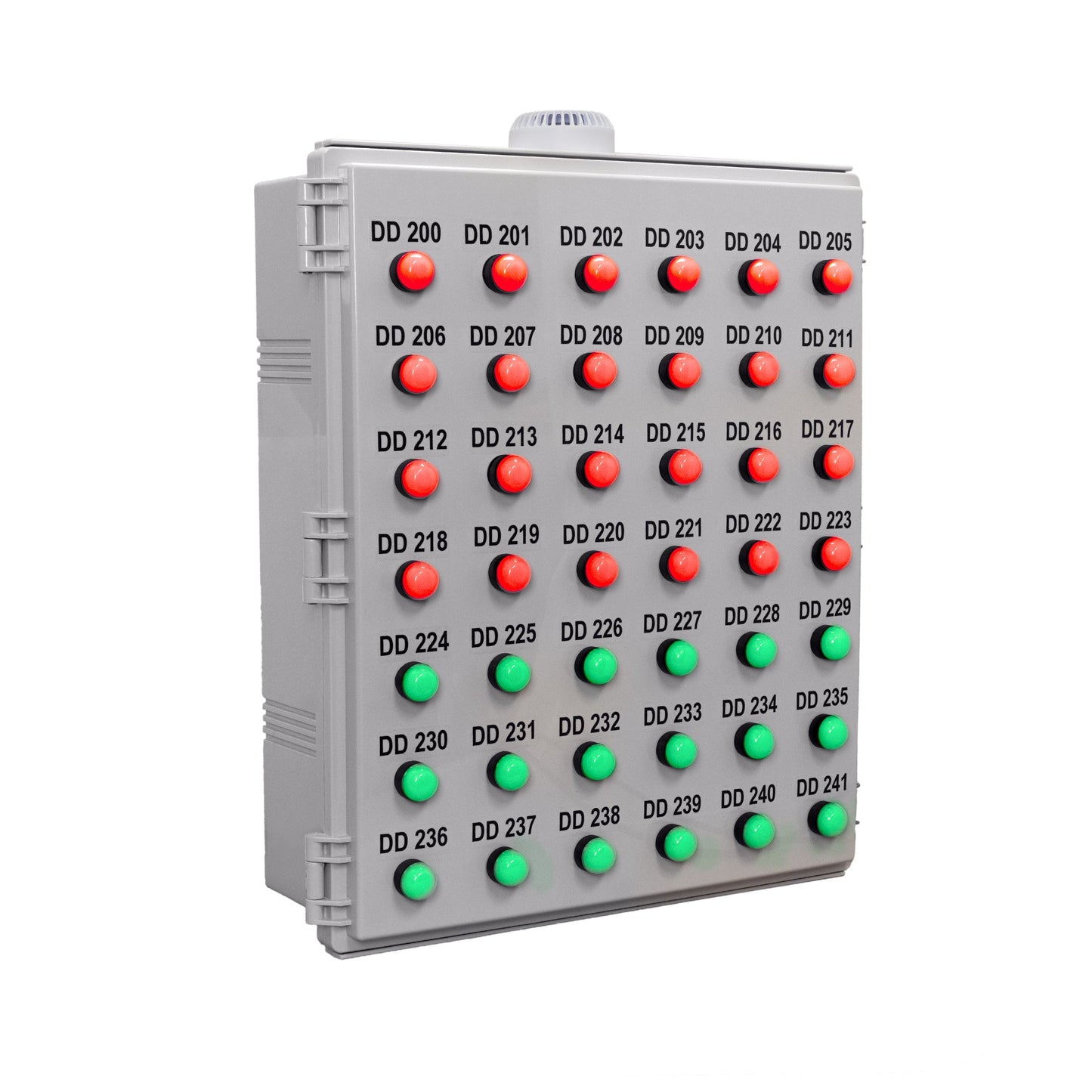Grey bingo board housing with red and green pilot lights on a white background.