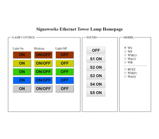 A screenshot of a browser interface indicating light status, sounder status and model selection menus.
