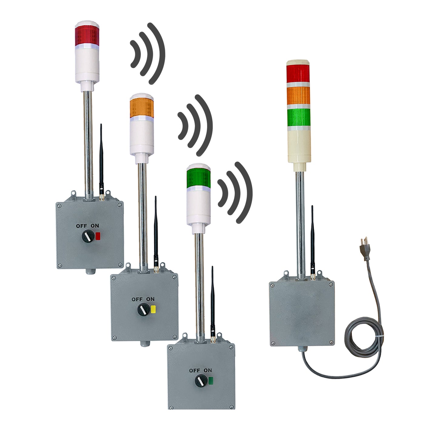 Three single-color pole-mounted industrial lights with switchboxes transmitting a signal corresponding three-light industrial signal.