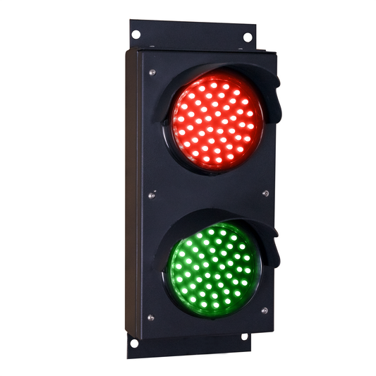 4 inch dual lens red and green traffic light on a white background.