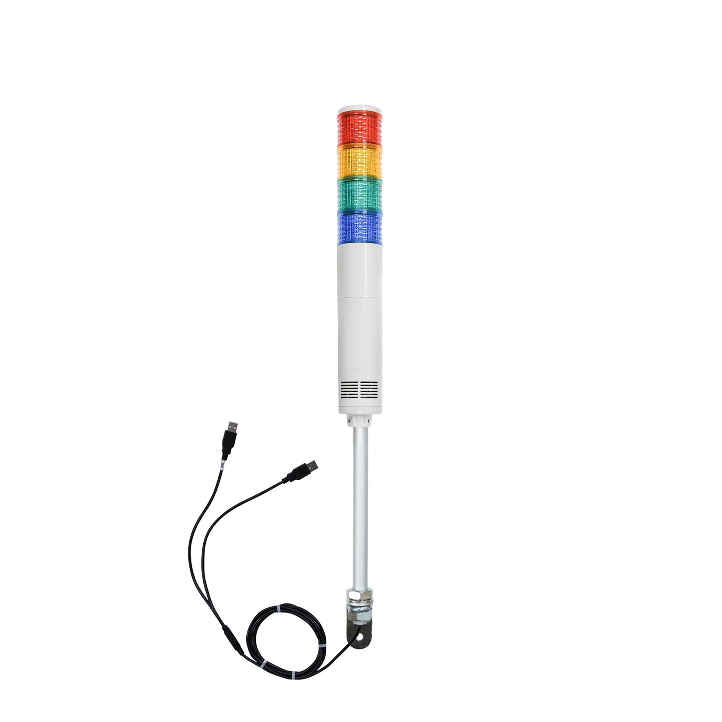 Four-color pole-mounted industrial signal light with USB cables exiting from the bottom right angle bracket; Red-Amber-Green-Blue on a white background.