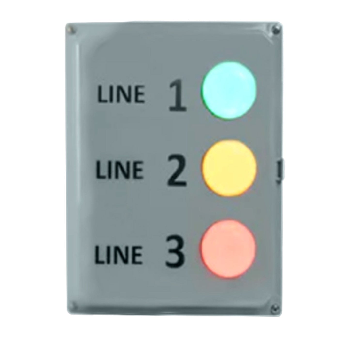 Grey control box with red, amber and green pilot lights identifying status of three production lines.