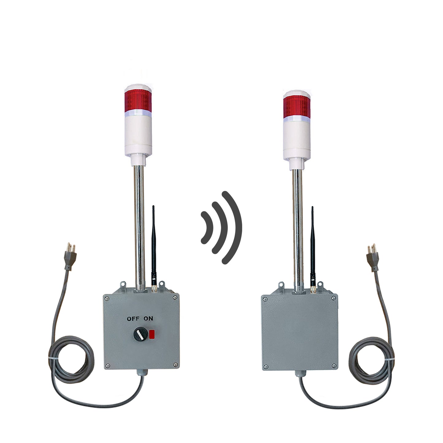 Two industrial signal lights with control panel, transmitter and receiver on a white background.