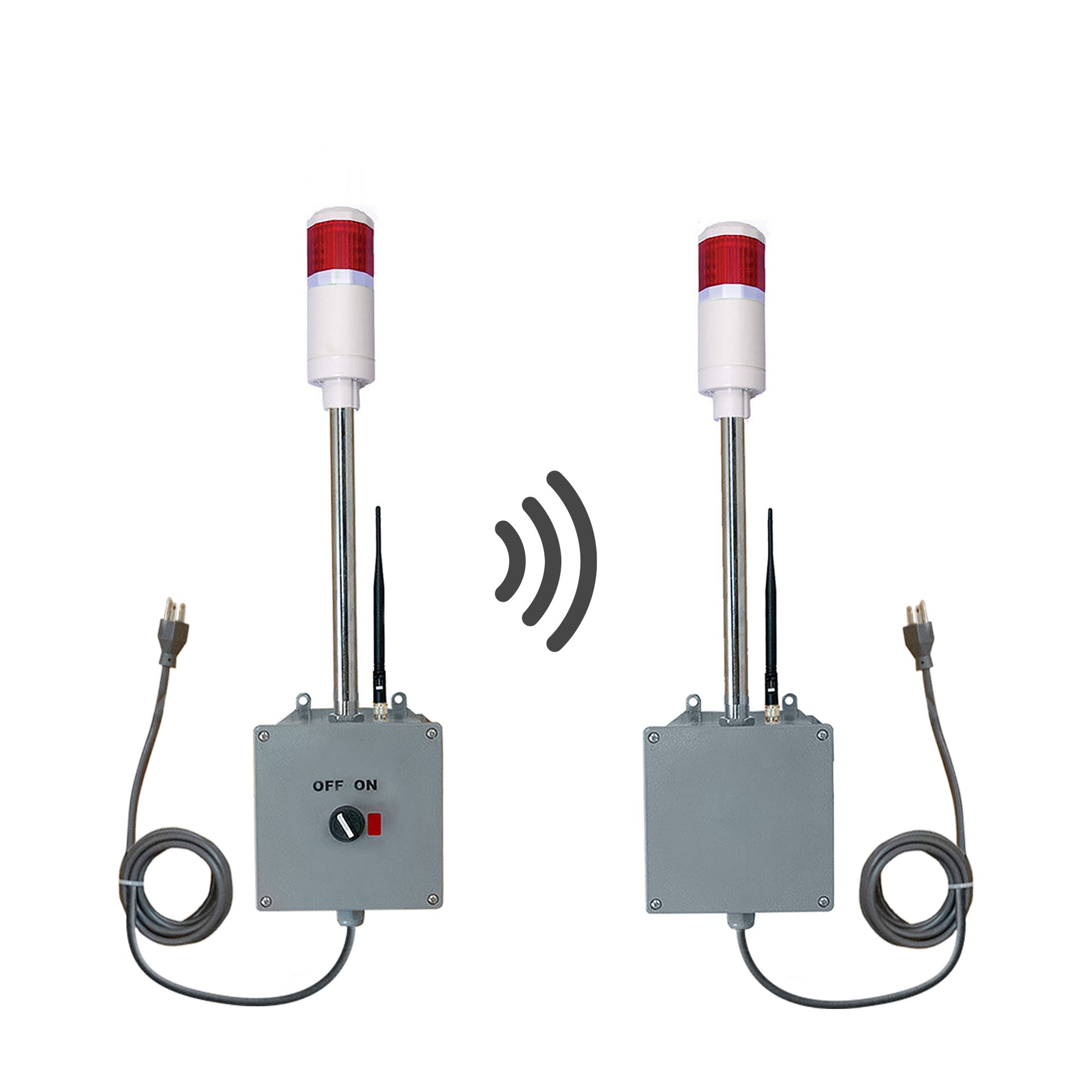 Two industrial signal lights with control panel, transmitter and receiver on a white background.