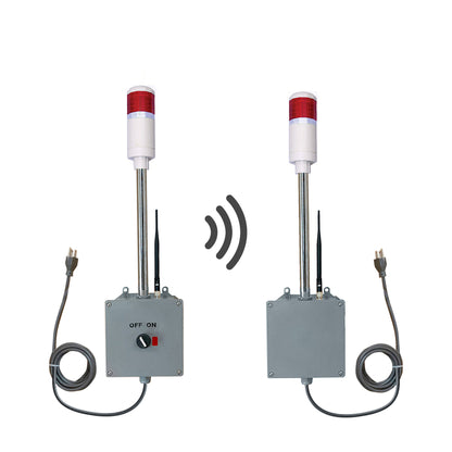 Two industrial signal lights with control panel, transmitter and receiver on a white background.