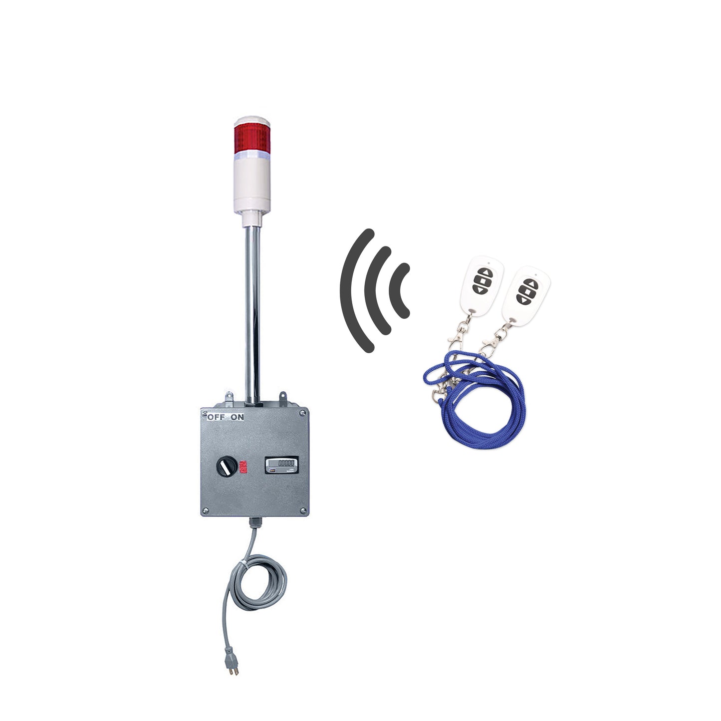 Red industrial down timer signal with wireless key fob on a white background.