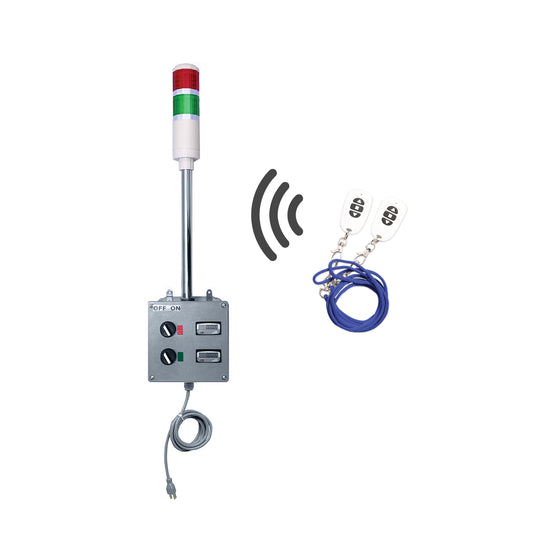 Two-color industrial down timer signal with wireless key fob; Red-Green on a white background.