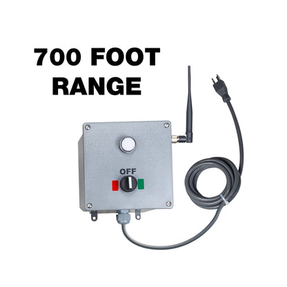 Grey transmitter control box with cable and antenna, labeled '700 Foot Range' on a white background.