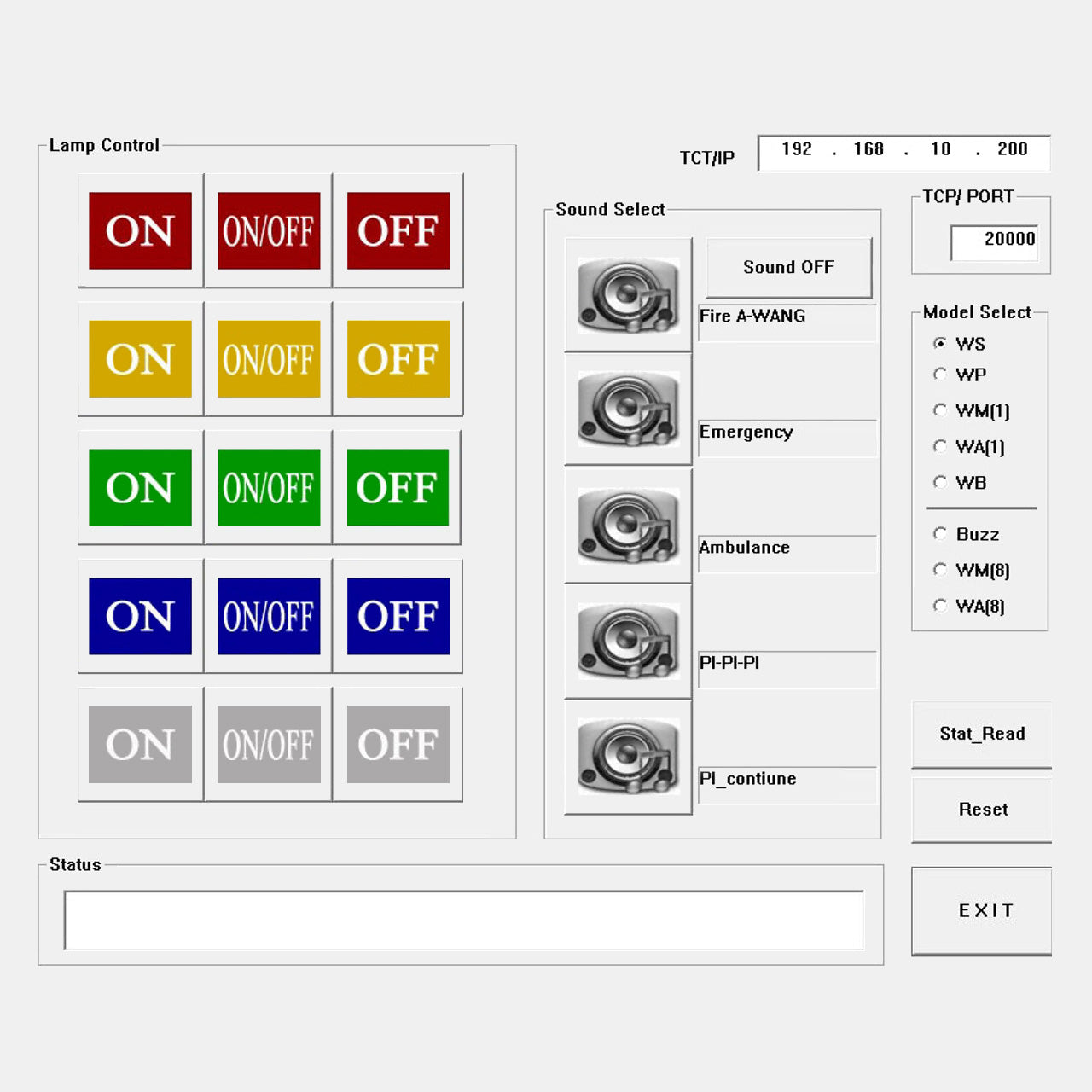 A screengrab from the lamp control program interface indicating signal illumination status, sound effects, TCT/IP and port number as well as a model selection list.