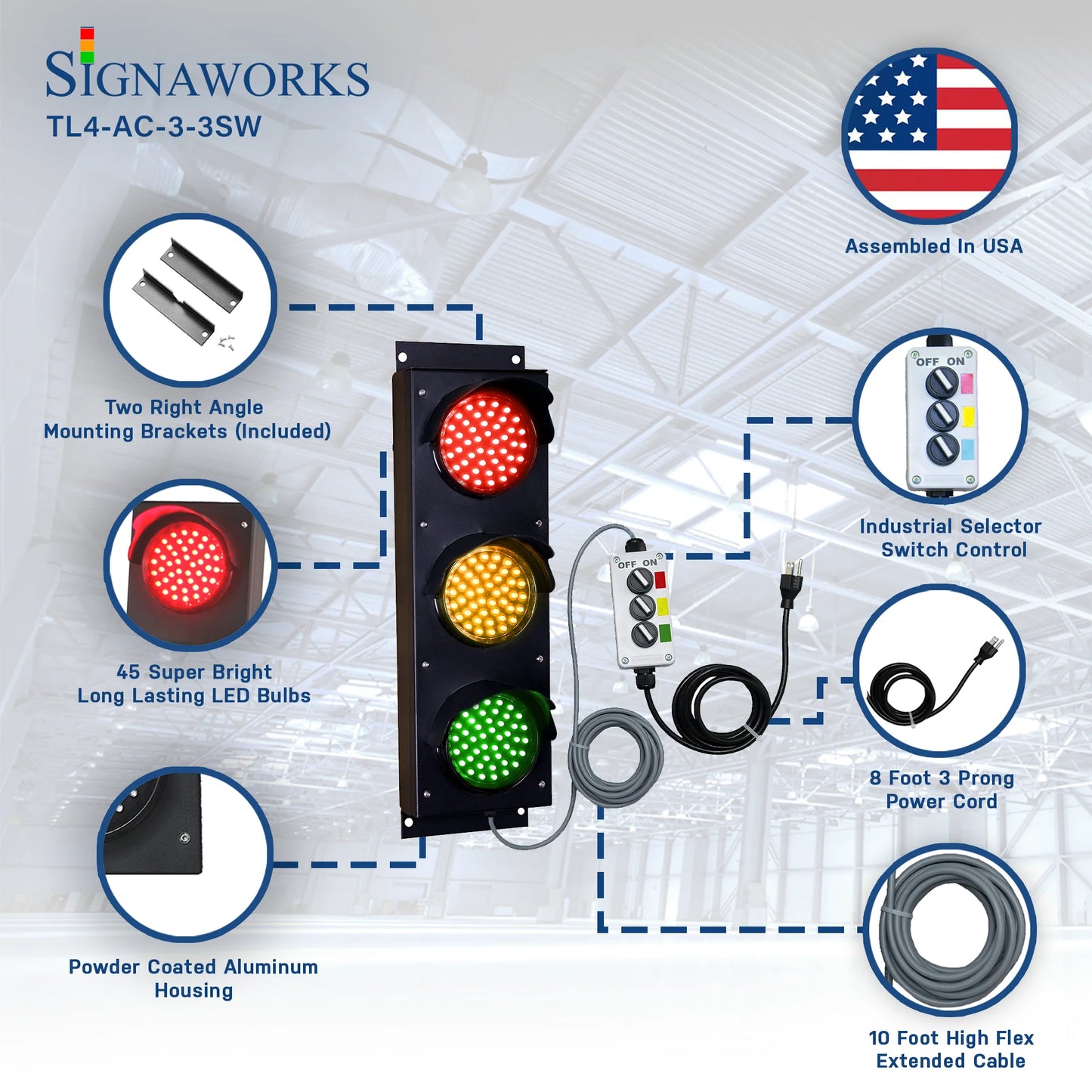 4 Inch Diameter Lens LED Traffic Light Signal, 3 Color, Wireless Key Fob, Power Cord (Plug And Play)