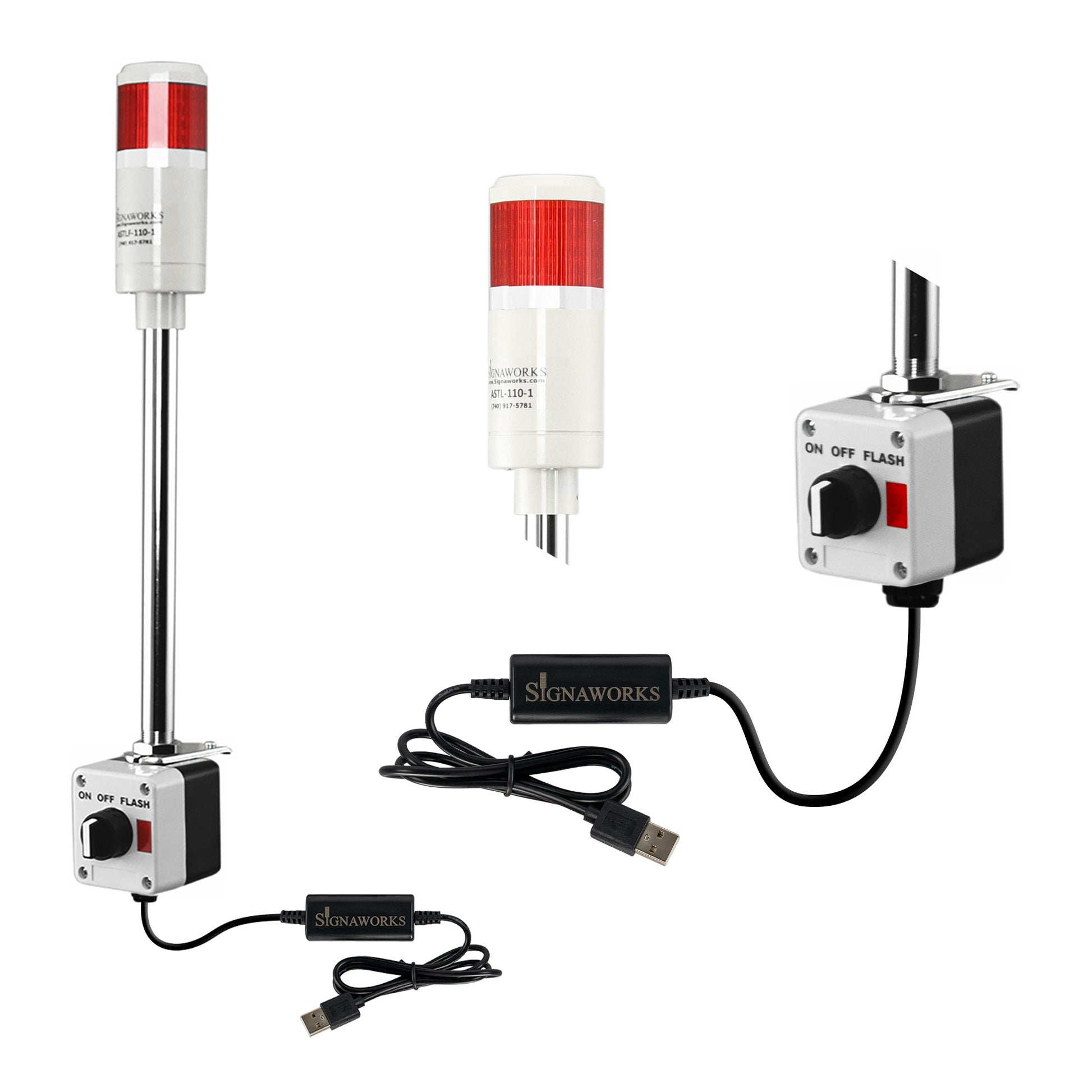 Red pole-mounted industrial signal light with 2-position selector switch and USB cable on a white background.