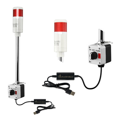 Red pole-mounted industrial signal light with 2-position selector switch and USB cable on a white background.