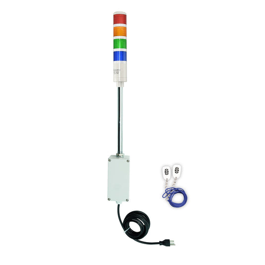 Four-color pole-mounted industrial signal lights with white wireless key fob on a white background.