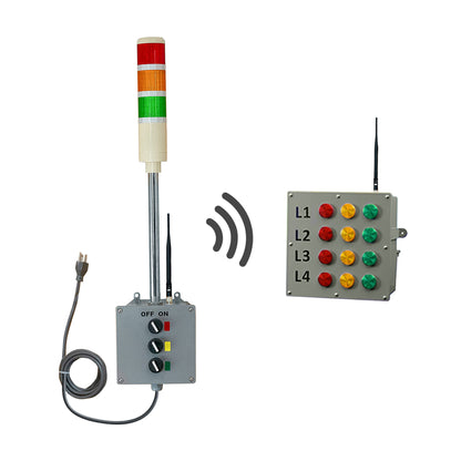 3-color pole-mounted industrial signal light transmitting wirelessly to a bingo board transmitter - Red-Amber-Green on a white background.
