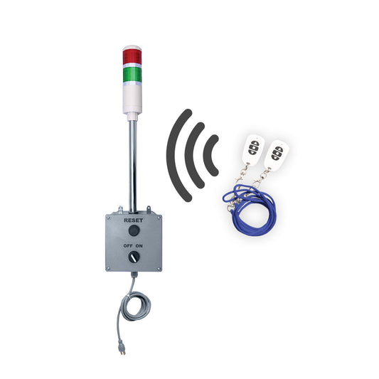 Two-color pole-mounted wireless counter timer andon light (Red-Green) with white key fob on a white background.