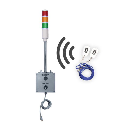Three-color pole-mounted wireless counter timer andon light (Red-Amber-Green) with white key fob on a white background.