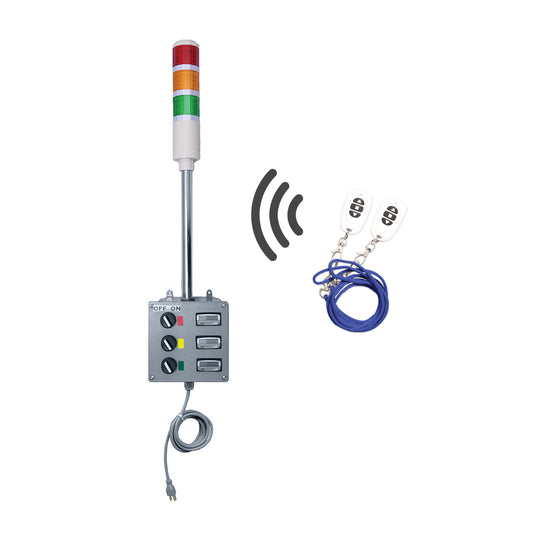 Three-color industrial down timer signal with wireless key fob; Red-Amber-Green on a white background.