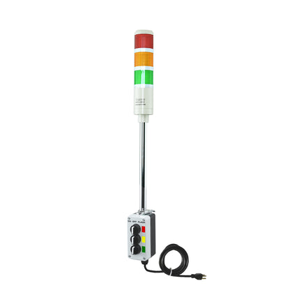 Three-position pole-mounted industrial signal with 3-position switch on a white background; Red-Amber-Green.