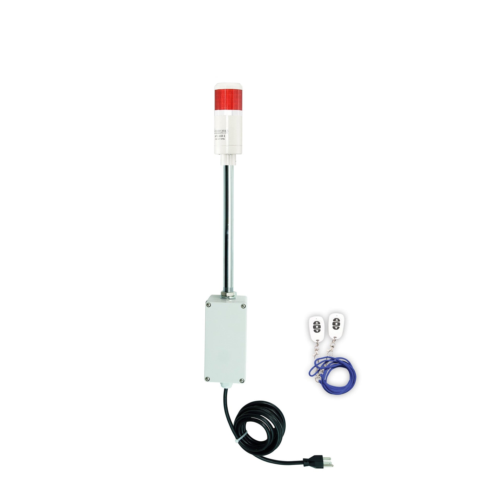 Red pole-mounted industrial signal light with white wireless key fob on a white background.