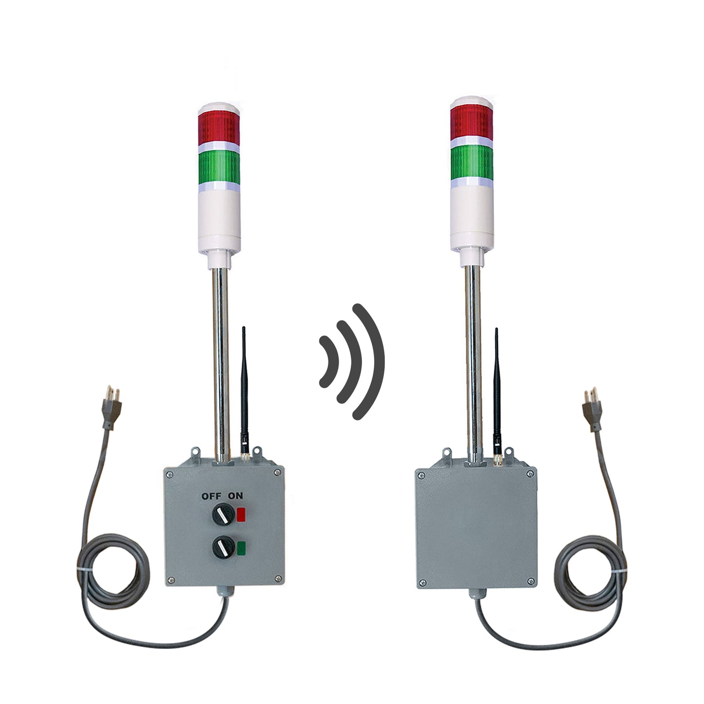 Two-color pole-mounted industrial signal transmitter and receiver; Red-Green on a white background.