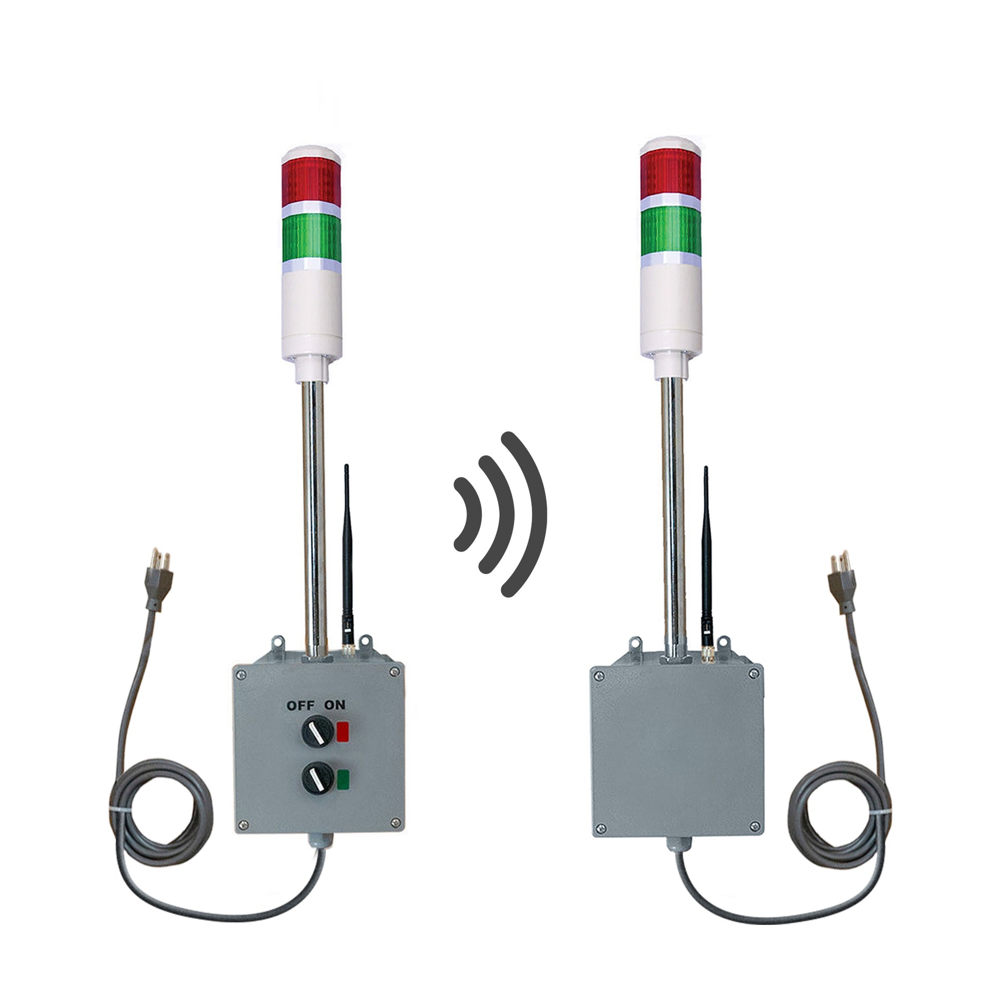 Two-color pole-mounted industrial signal transmitter and receiver; Red-Green on a white background.