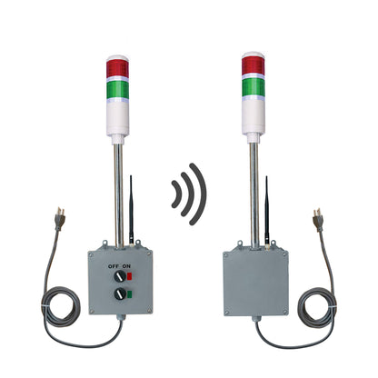 Two-color pole-mounted industrial signal transmitter and receiver; Red-Green on a white background.