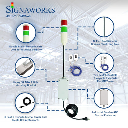 Red pole-mounted industrial signal lights with white wireless key fob on a white background.
