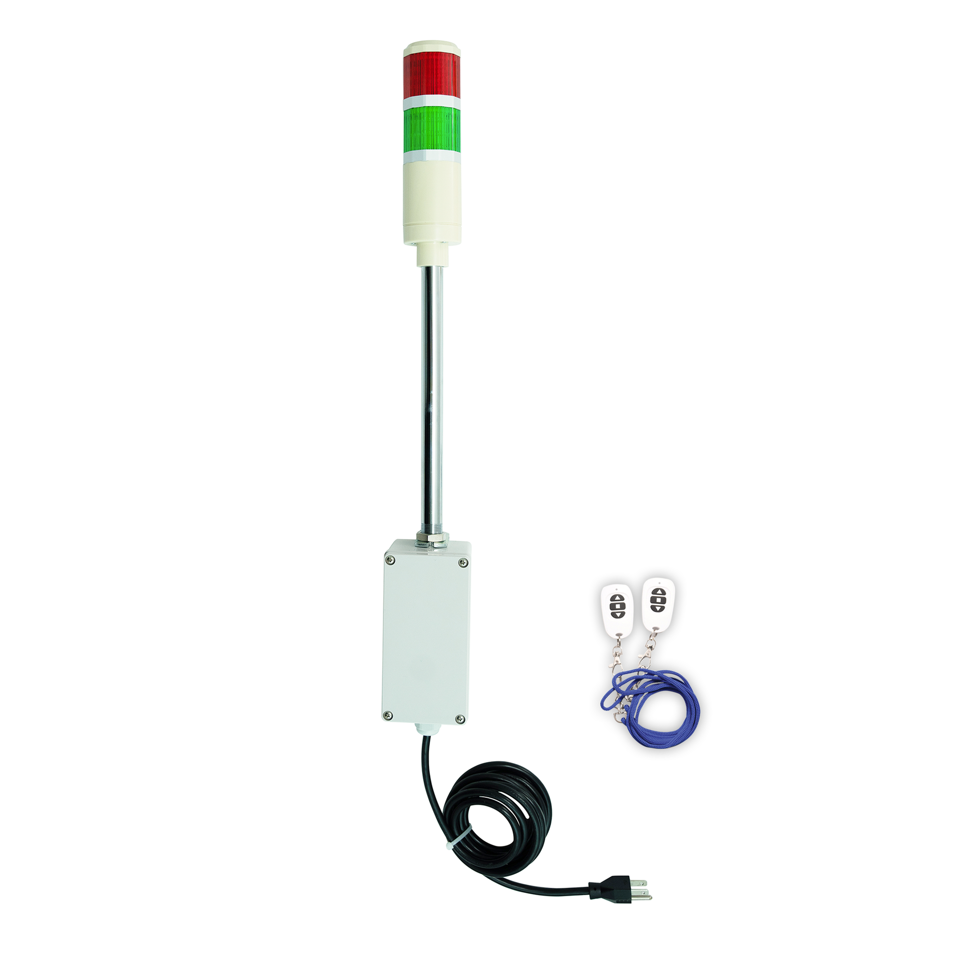 Four-color pole-mounted industrial signal lights with white wireless key fob; Red-Green on a white background.