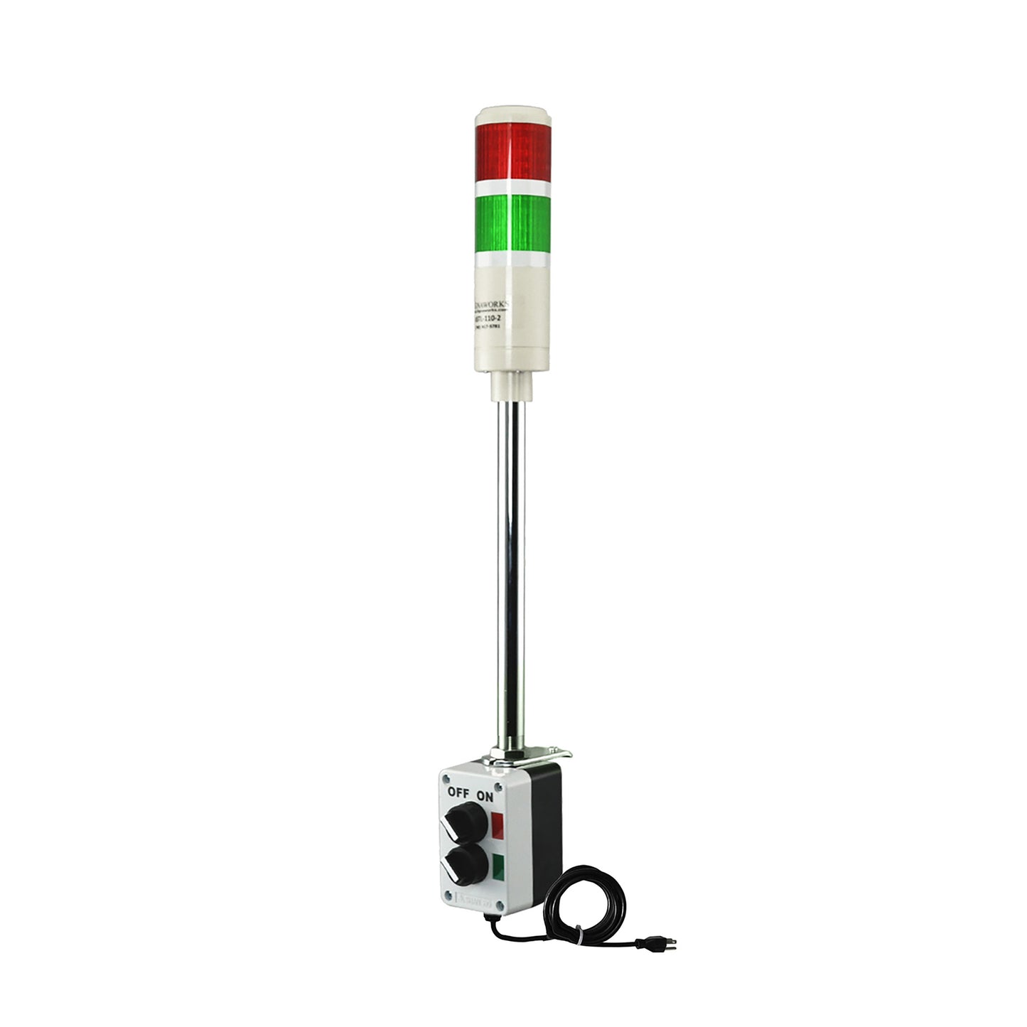 Two-color pole-mounted industrial signal with 2-position switch on a white background; Red-Green.