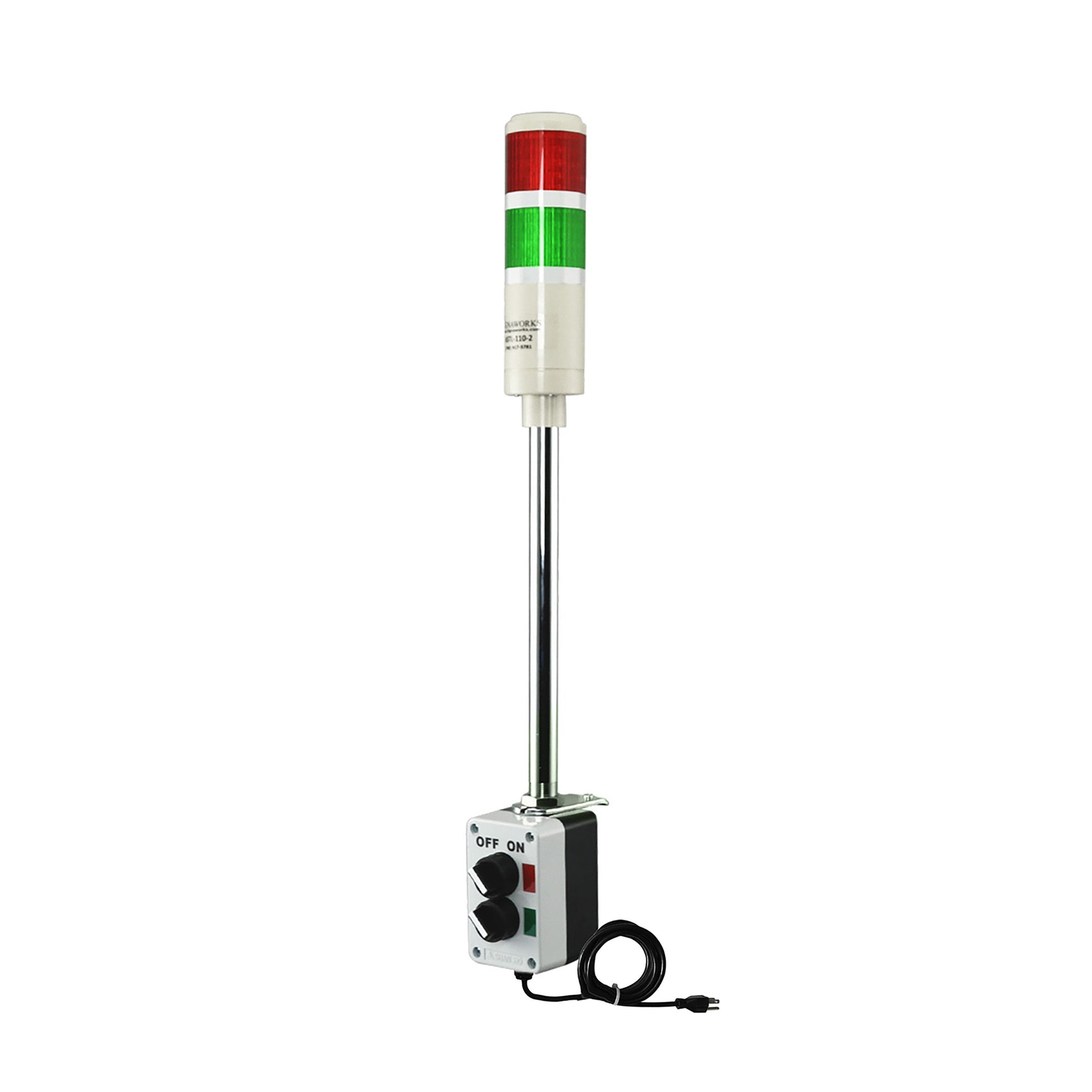 Two-color pole-mounted industrial signal with 2-position switch on a white background; Red-Green.