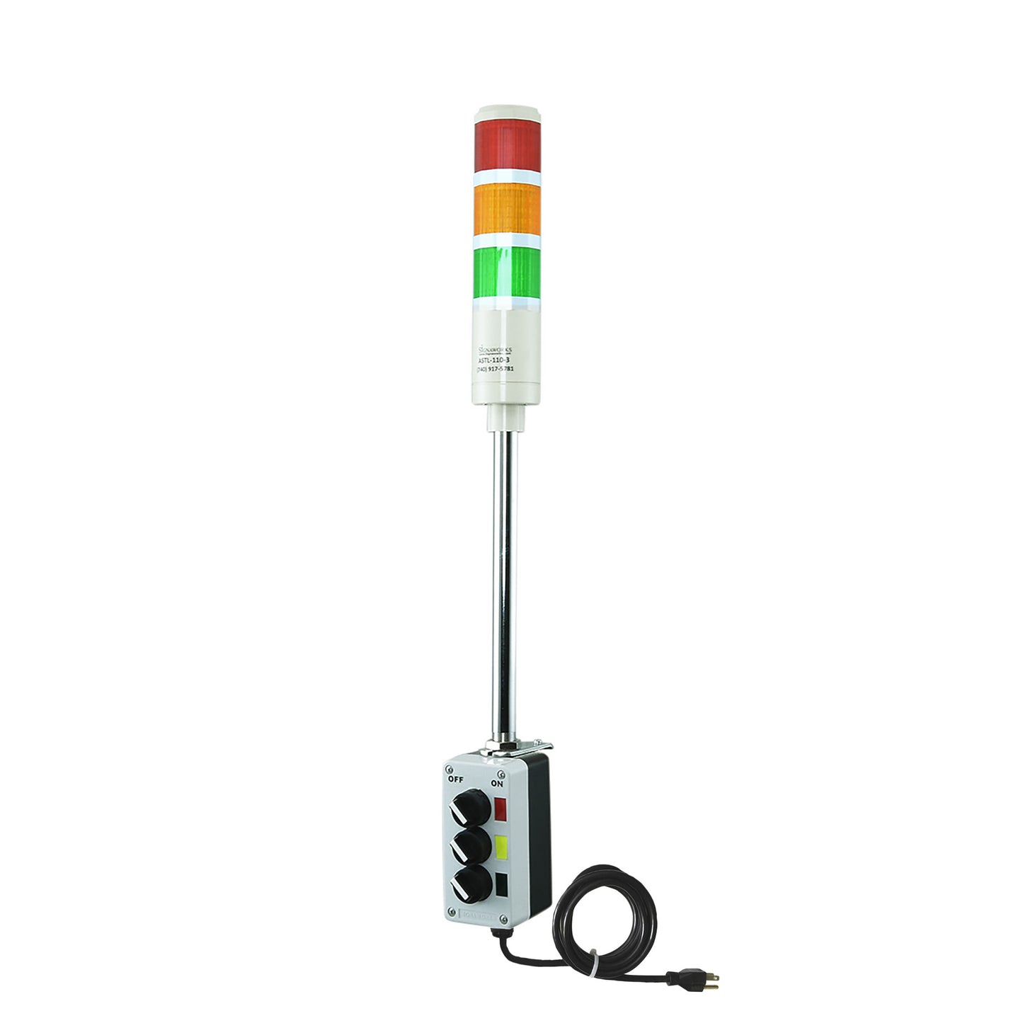 Three-color pole-mounted industrial signal with 2-position switch on a white background; Red-Amber-Green.
