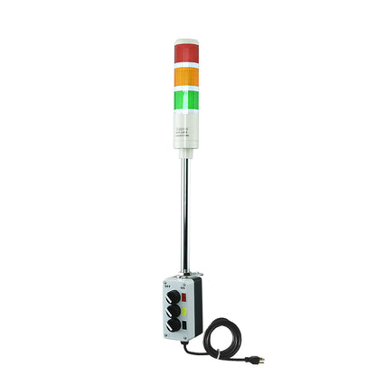 Three-color pole-mounted industrial signal with 2-position switch on a white background; Red-Amber-Green.