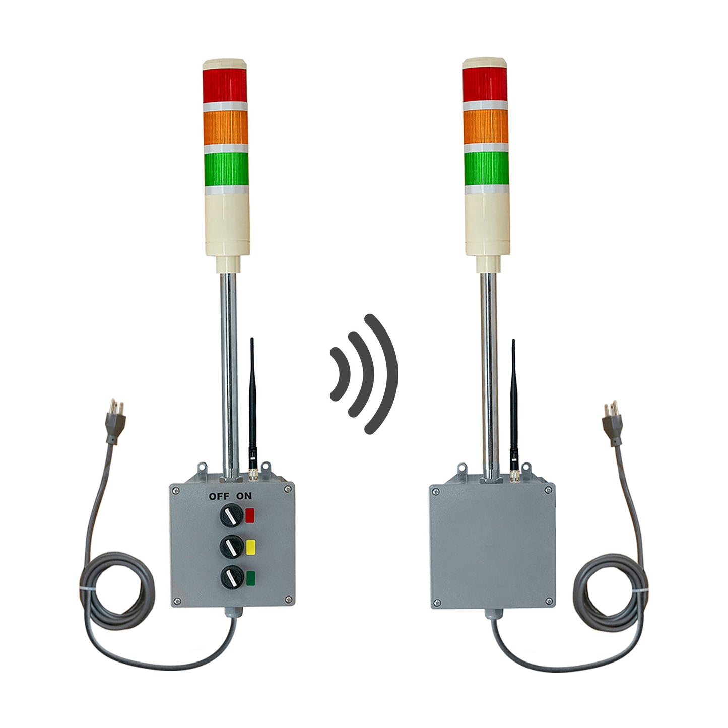 Two industrial signal lights with control panel, transmitter and receiver on a white background.