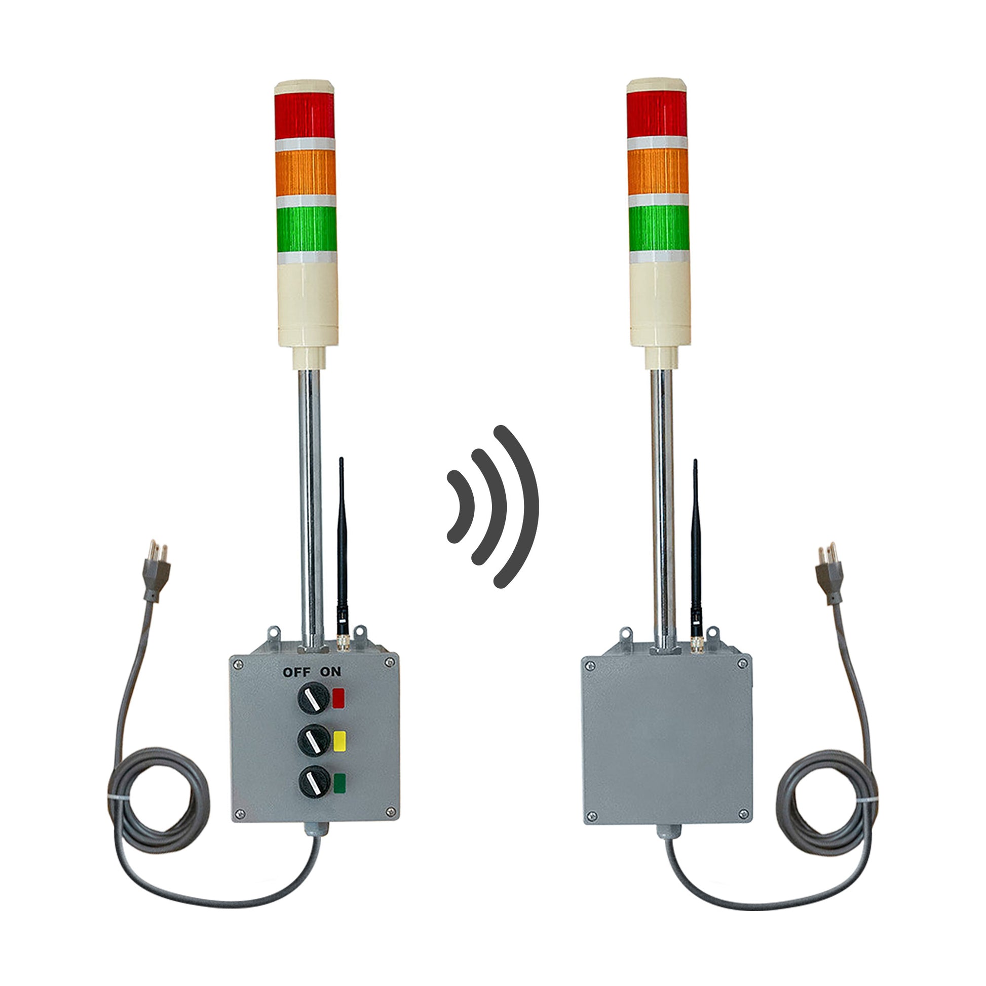 Two industrial signal lights with control panel, transmitter and receiver on a white background.