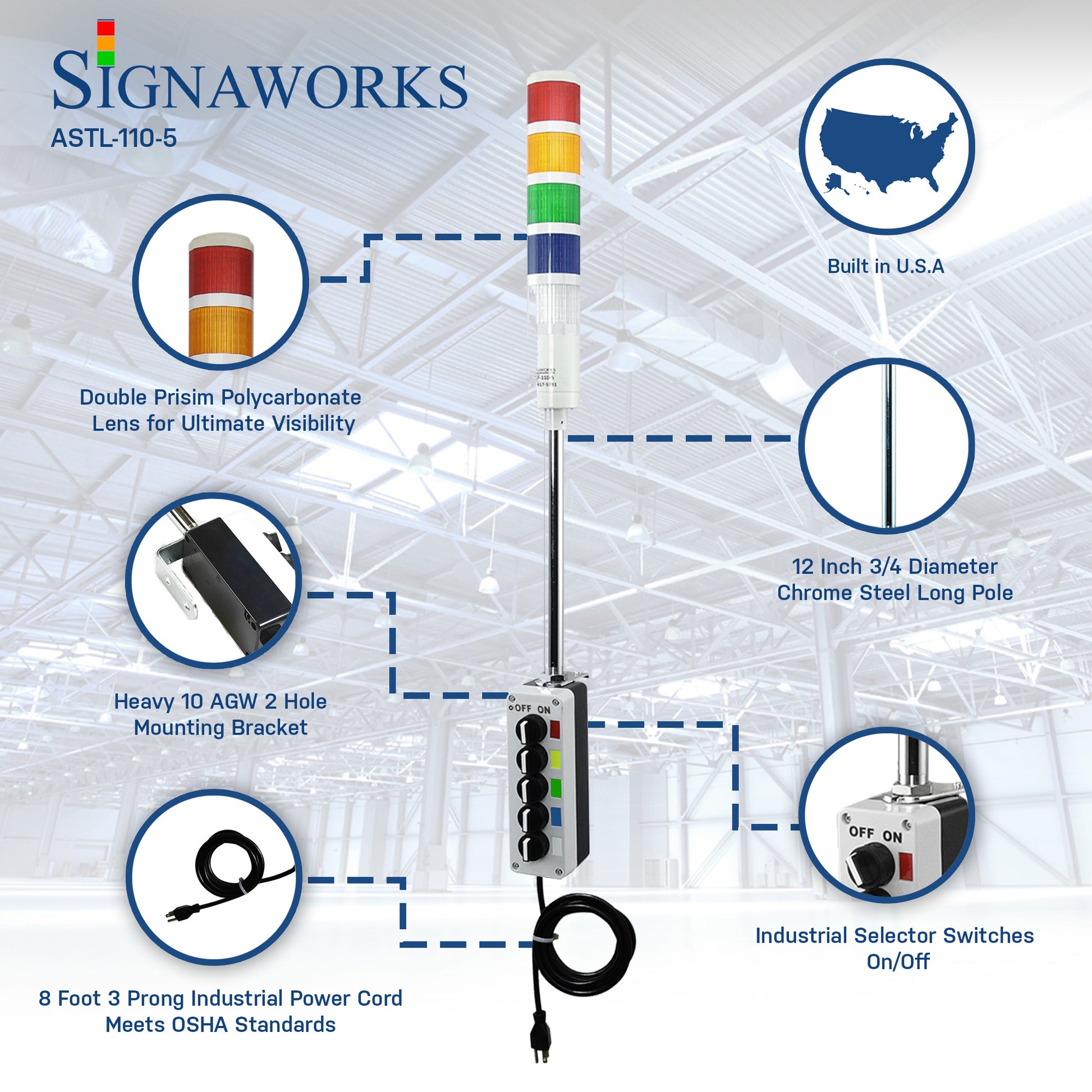 Four-color pole-mounted industrial signal light graphic; Red-Amber-Green-Blue on an industrial loading dock graphic overlay background