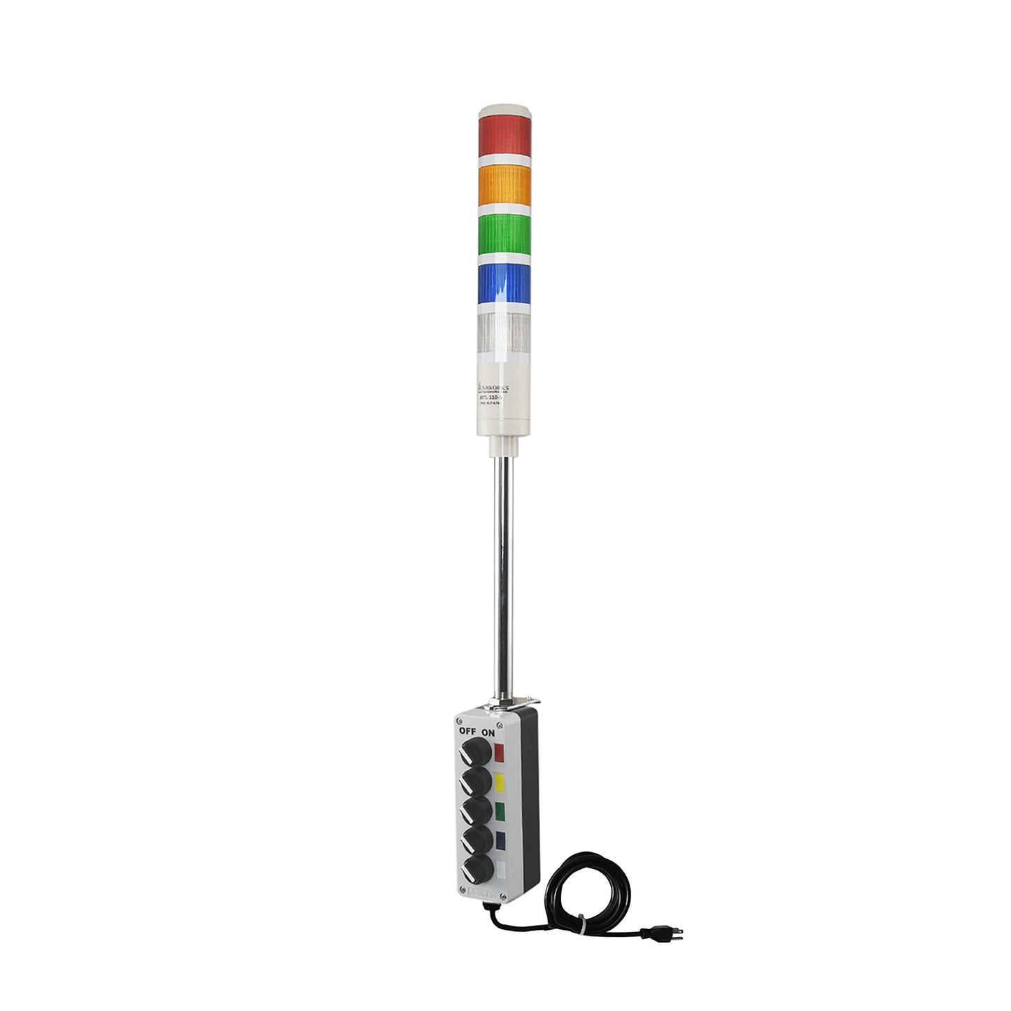 Five-color pole-mounted industrial signal with 2-position switch on a white background; Red-Amber-Green-Blue-White.