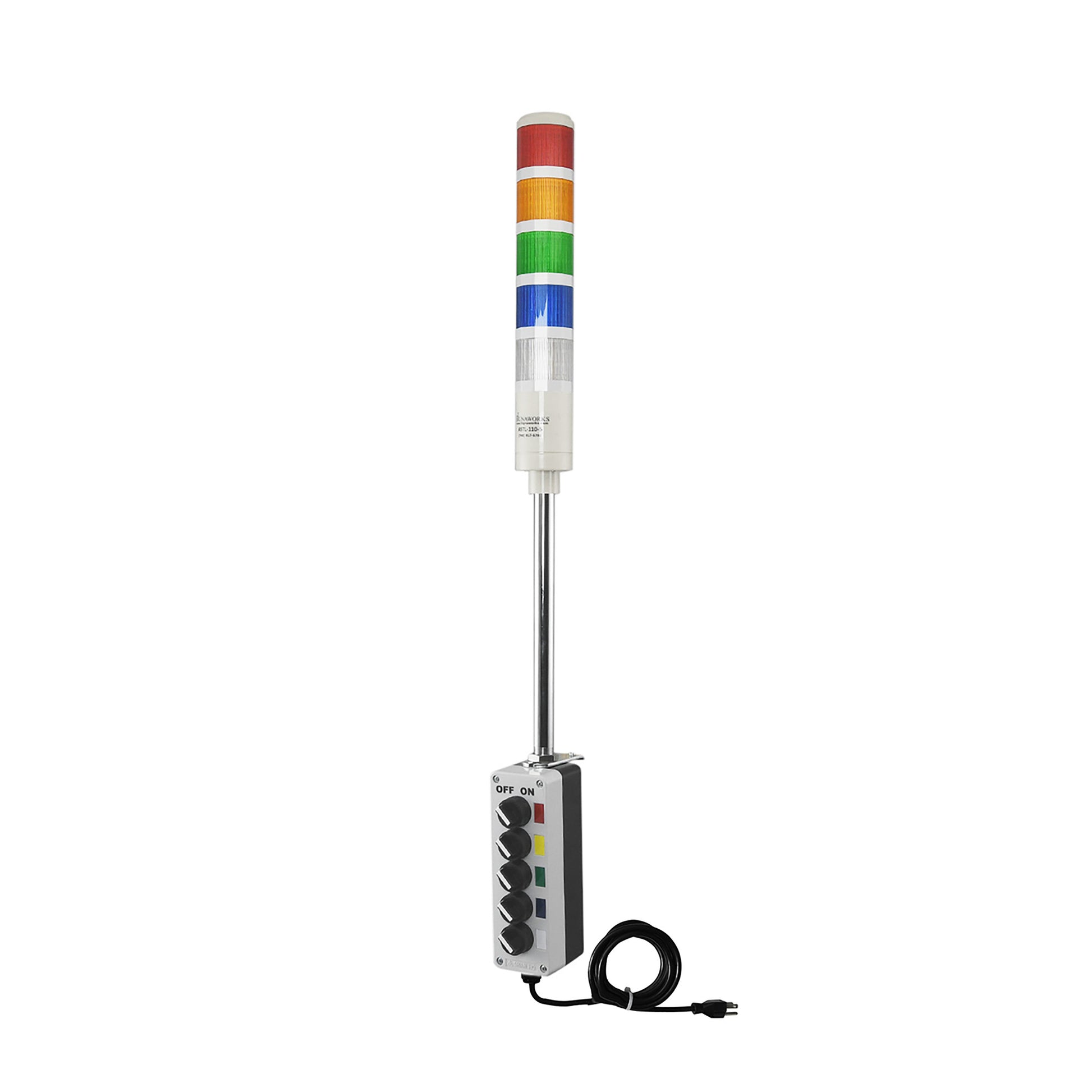 Five-color pole-mounted industrial signal with 2-position switch on a white background; Red-Amber-Green-Blue-White.