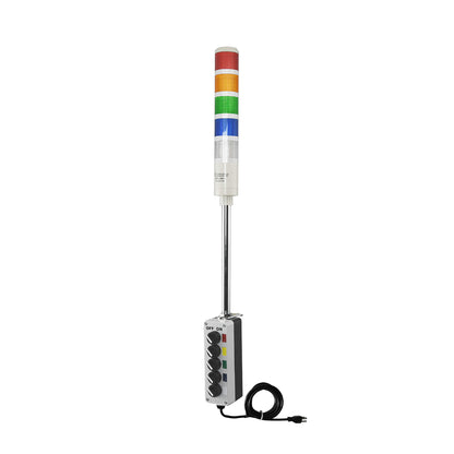 Five-color pole-mounted industrial signal with 2-position switch on a white background; Red-Amber-Green-Blue-White.