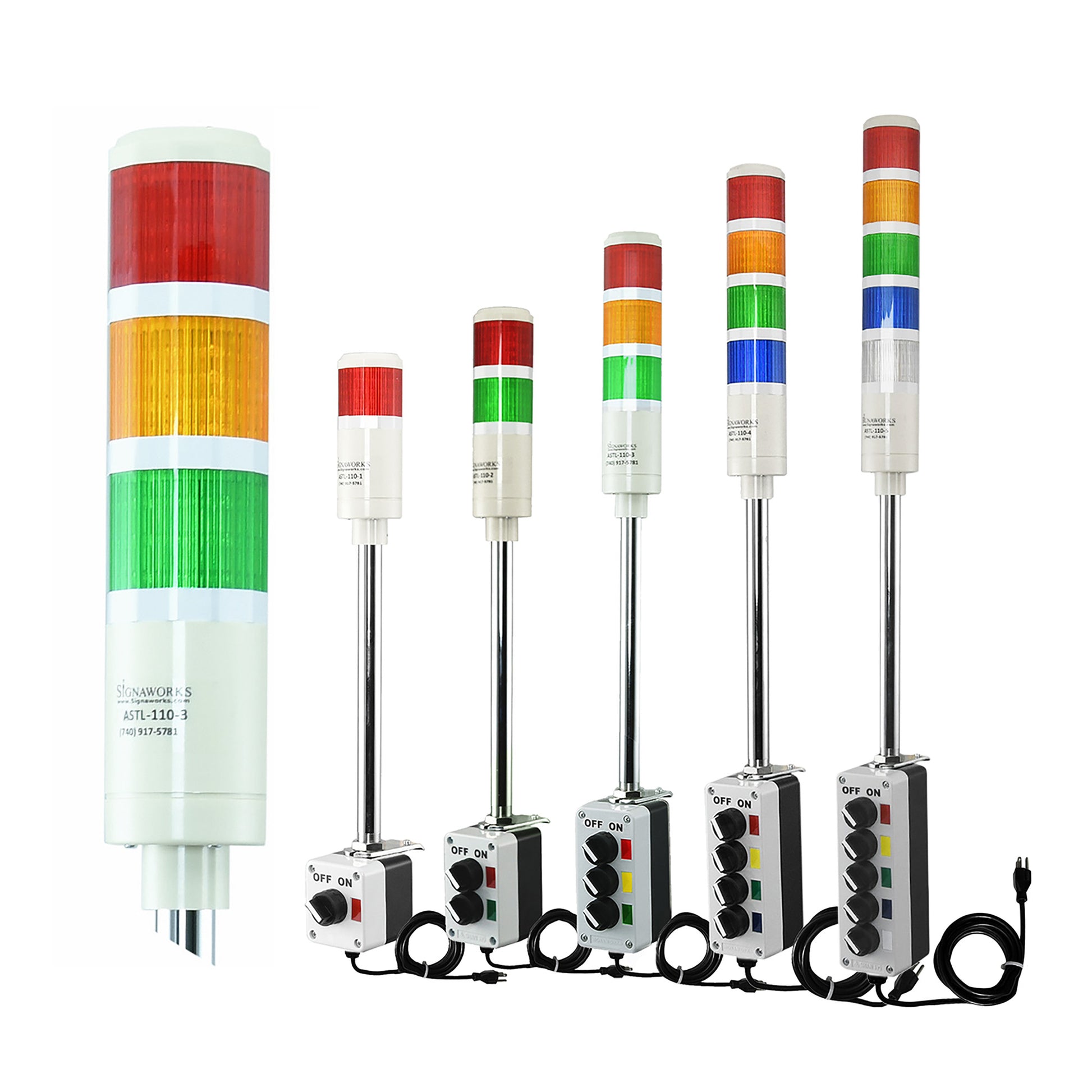 A collection of multicolor pole-mounted signal light.
