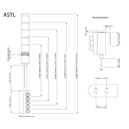A black on white diagram depicting the dimensions of a 1-5 light ASTL and its accompanying mounting hardware.