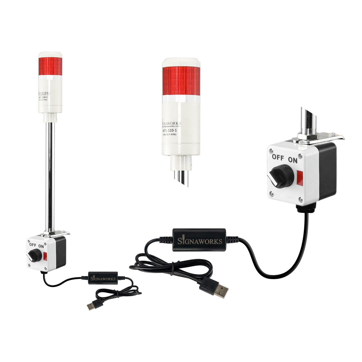 Red pole-mounted industrial signal with 2-position switch and USB cable on a white background.