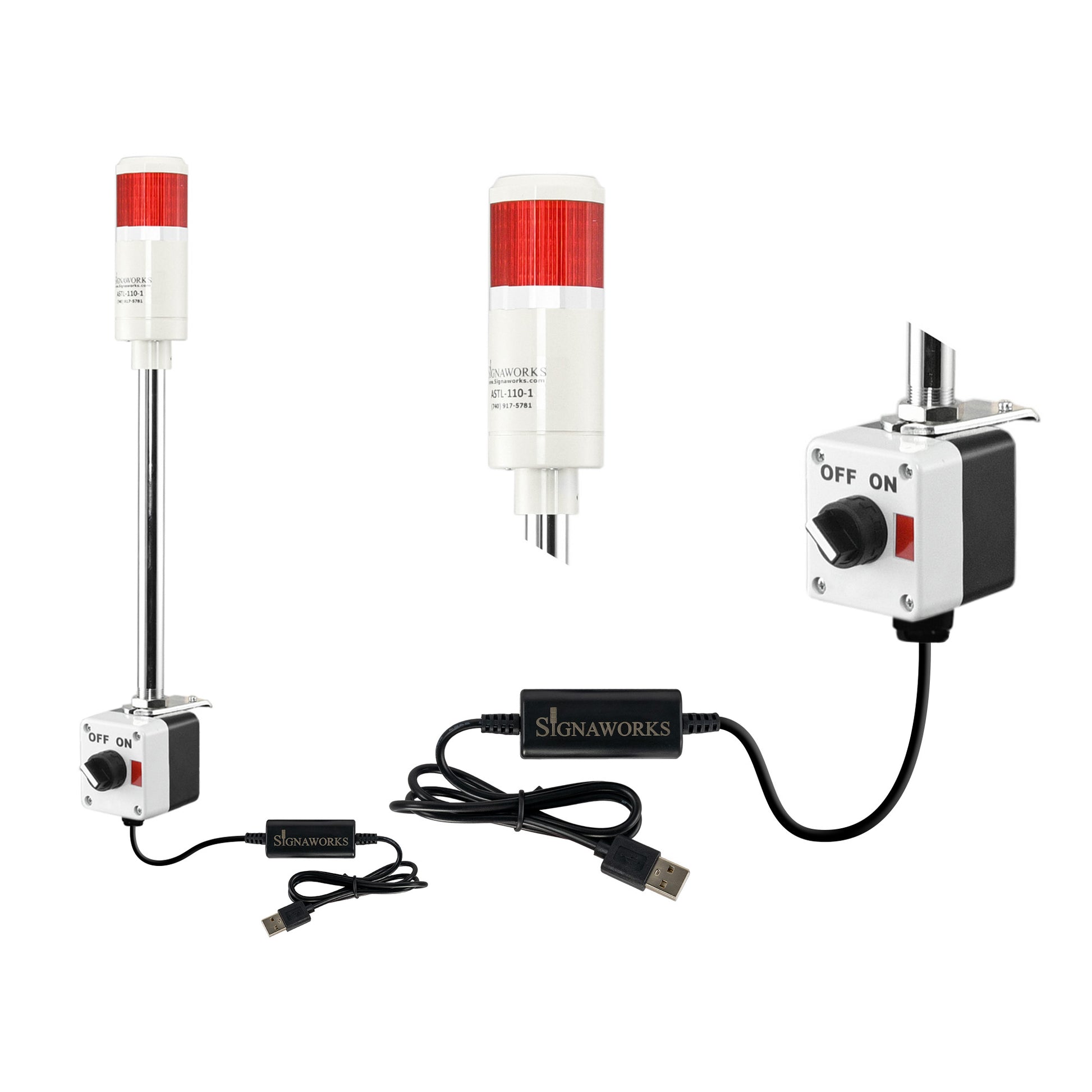 Red pole-mounted industrial signal with 2-position switch and USB cable on a white background.