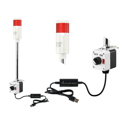 Red pole-mounted industrial signal with 2-position switch and USB cable on a white background.