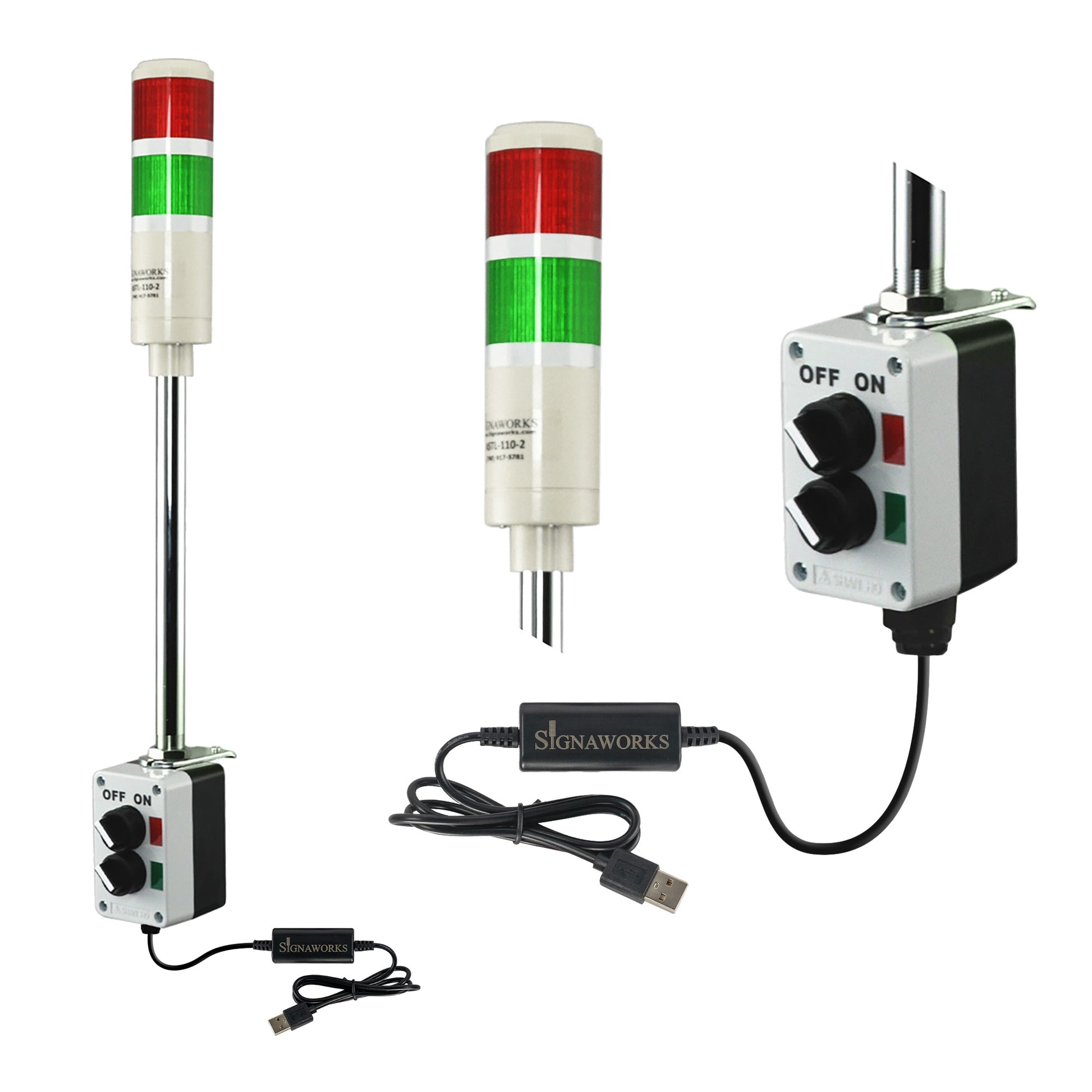 Two-color pole-mounted industrial signal with 2-position switch and USB cable on a white background; Red-Green.
