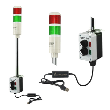 Two-color pole-mounted industrial signal with 2-position switch and USB cable on a white background; Red-Green.