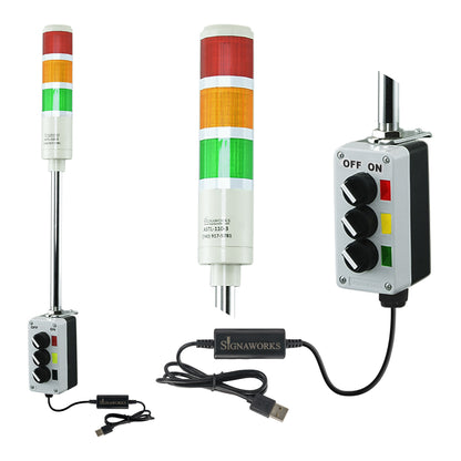 Three-color pole-mounted industrial signal with 2-position switches and USB  Cable on a white background; Red-Amber-Green.